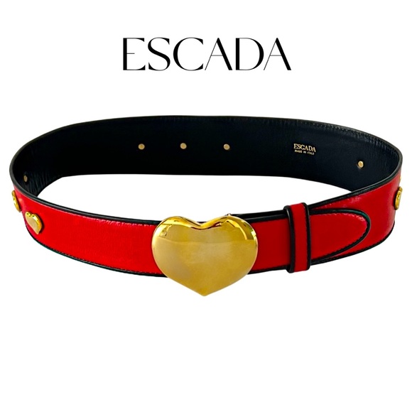 ❤️ Vintage ESCADA cinch belt Heart ❤️ brass buckle leather red black sz 42 Italy